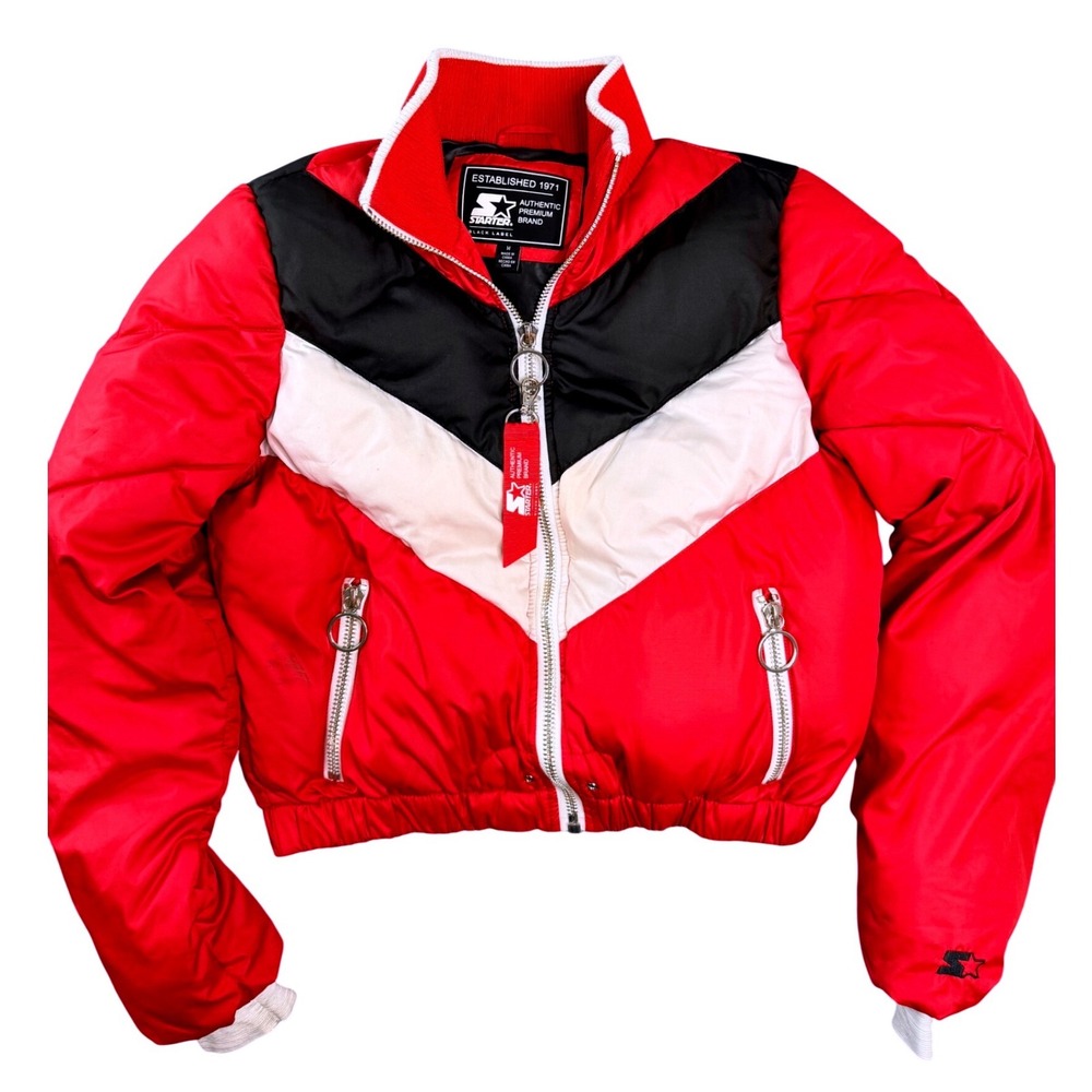 Starter Black Label Mens‎ Medium Red Black White Cropped Puffer Jacket Logo Zip